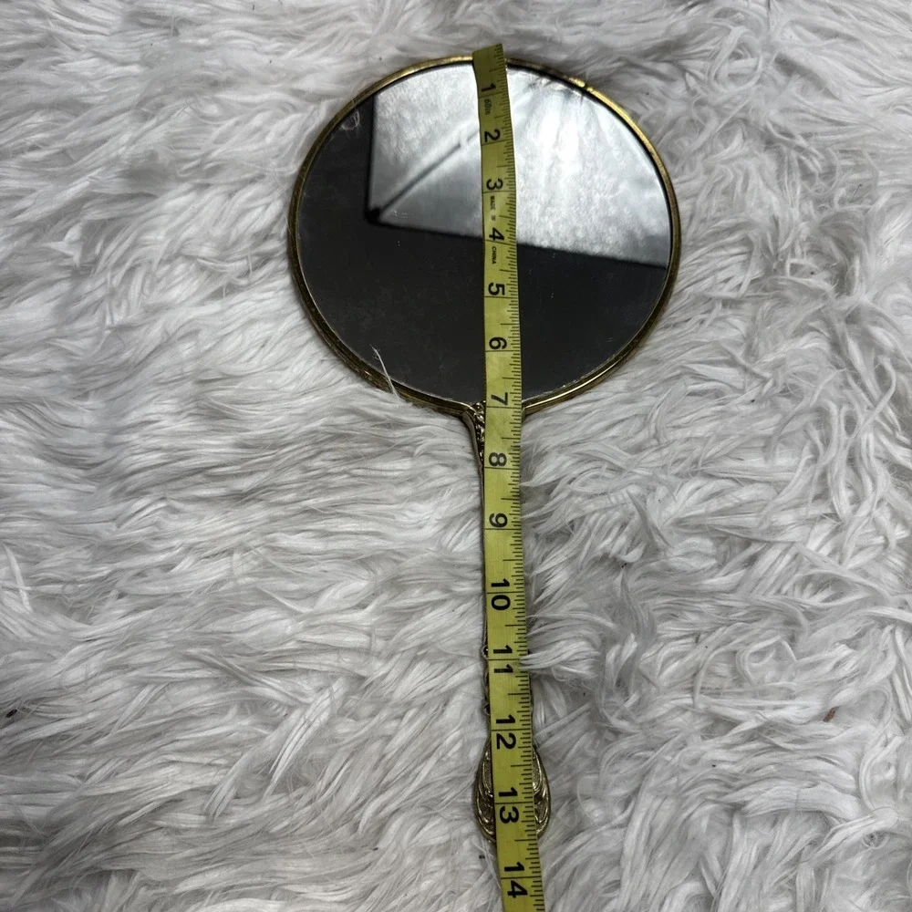 Antique Art Nouveau Handheld Vanity Mirror Floral Brass Motif Design Mid Century